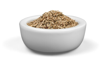 Collection of different spices with names in white pans, isolated