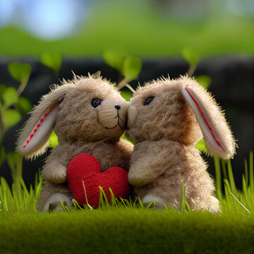 Stuffy stuffed rabbit bunnies kissing with heart for valentine's day
