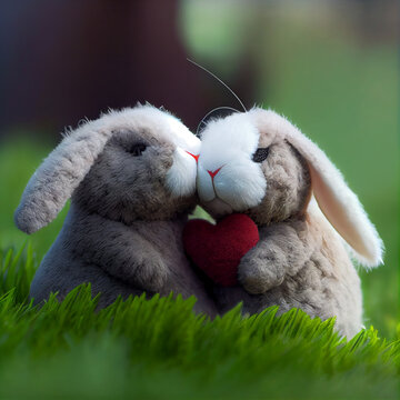 Stuffy stuffed rabbit bunnies kissing with heart for valentine's day