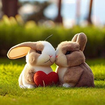 Stuffy stuffed rabbit bunnies kissing with heart for valentine's day