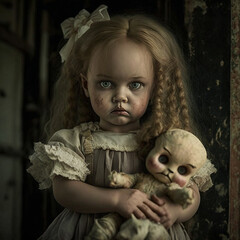 
Scary girl holding a doll, in a sinister environment, looking at the camera, old dress, halloween, horror image, spooky image, Generative AI