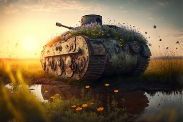 Old tank overgrown with flowers, on a lawn, in the evening, against the backdrop of the setting sun, created with Generative AI technology. Postwar period. Peaceful life concept. No war.