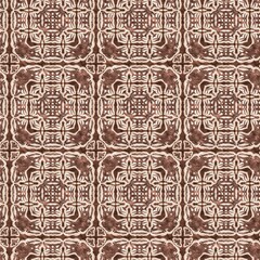 Mosaic geometric dark brown seamless texture pattern. Trendy kaleidoscope woven design for printed fabric. Rough abstract textile design. 