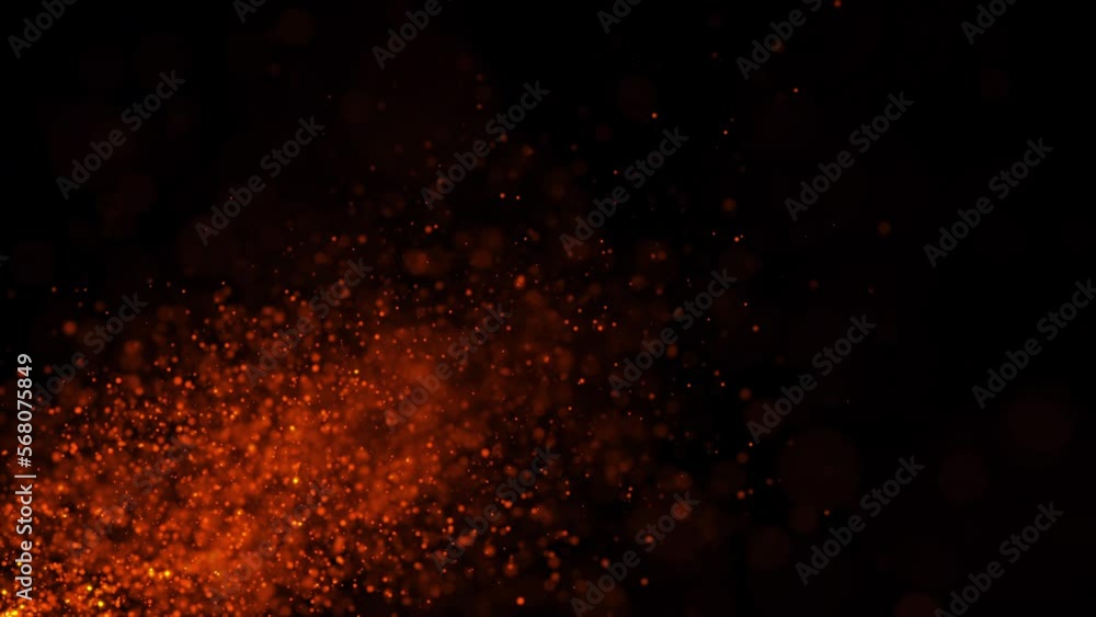 Poster abstract loop orange fire particles with smoke cloud flare explod flow from bottom left to right eff