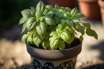 Potted Italian sweet basil plant growing in a garden pot at home and in the sunlight closeup. Generative AI