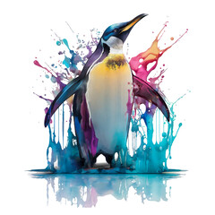 Emperor penguin in colorful splashes. Watercolor drawing. - 568075870