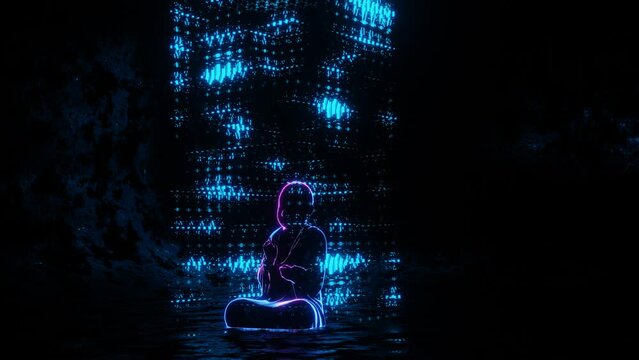 A meditating monk in a cyber force field