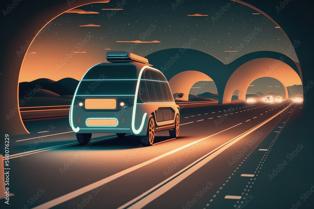 Poster highway moving autonomous self driving car animated scanning visualization artificial intelligence c