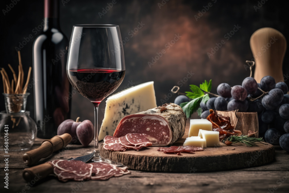 Poster red wine in the foreground with a background of charcuterie. generative ai