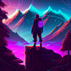 Fototapeta premium Person Standing on Ledge Cyberpunk Style. Generative Ai