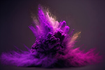 Exploding colored powder in slow motion against a dark background. dust cloud with an abstract purple tone. Particle explosion in purple. On a dark background, a bright painterly powder splash