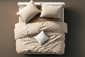 Elegant bed with soft white duvet, bedding and pillows, top view. AI Generated