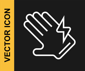 White line Electric glove icon isolated on black background. Safety gloves, hand protection. Vector
