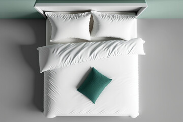 Elegant bed with soft white duvet, bedding and pillows, top view. AI Generated