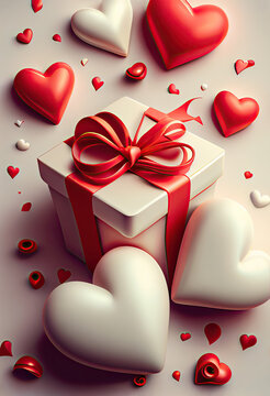 White gift box and several red hearts make up Valentine's Day concept picture.