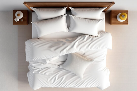 Elegant Bed With Soft White Duvet, Bedding And Pillows, Top View. AI Generated