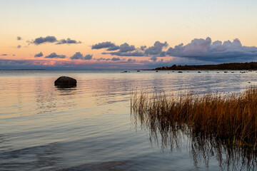 Sun is setting at seaside in Hiiumaa. Rock in sea with golden sunset in calm blue sea water. Reeds, stone, forest and calm colourful sea water during golden hour.