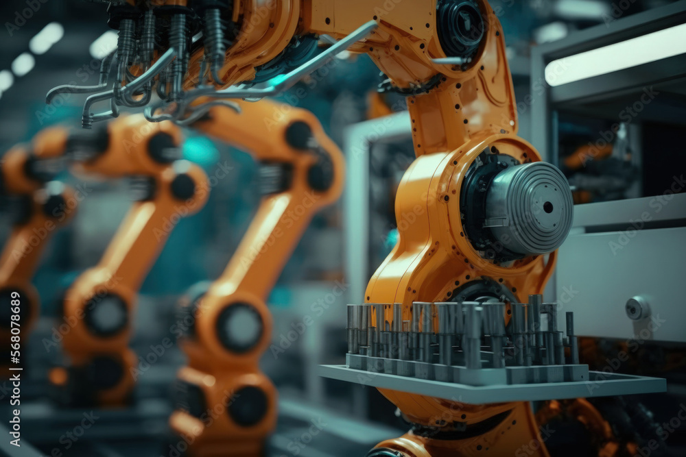 Poster manufacturing lines with robotic arms are current industrial technology. cell for automated producti