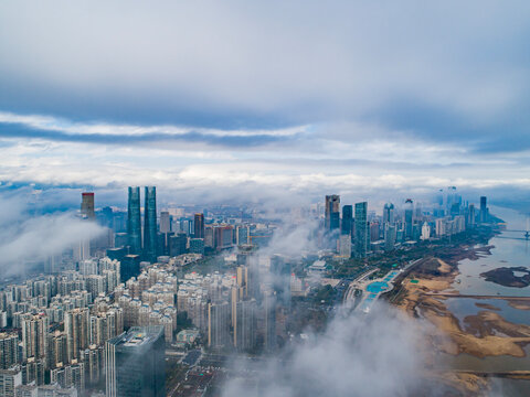 Aerial photography of advective fog over the cityscape of Hong Kong, China © hrui