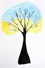 minimalistic drawing, a tree with a yellow-blue crown on a white background