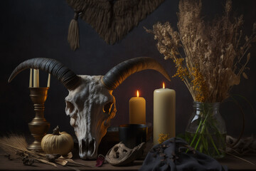 Samhain evening. Low key, focused image of a witch's altar with a goat's skull, blazing candle, dry herbs, and magic objects. Concepts for Halloween, rituals, voodoo, occultism, alchemy, spells, and p - obrazy, fototapety, plakaty
