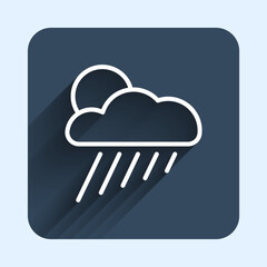 White line Cloud with rain and sun icon isolated with long shadow background. Rain cloud precipitation with rain drops. Blue square button. Vector