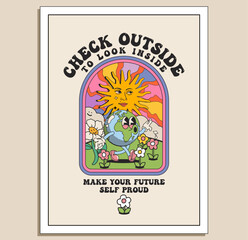 Vintage groove hippie inspiration poster or t-shirt design template with walking earth character and motivational slogan. Vector illustration - obrazy, fototapety, plakaty