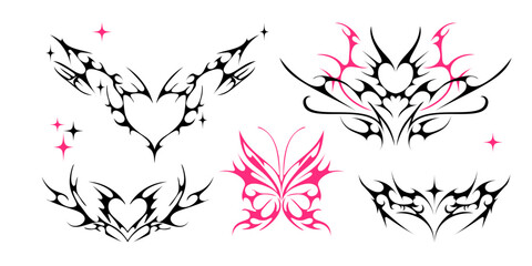 Neo tribal y2k tattoo, heart and butterfly shape. Cyber sigilism style hand drawn ornaments. Vector illustration of black and pink emo gothic tribal tattoo designs - obrazy, fototapety, plakaty