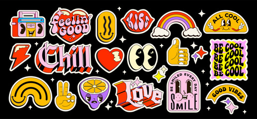 Set of nostalgic pop art sticker pack. Collection of funny and cute emoji and vintage lettering badges and graphic elements isolated on black background. Vector illustration - obrazy, fototapety, plakaty