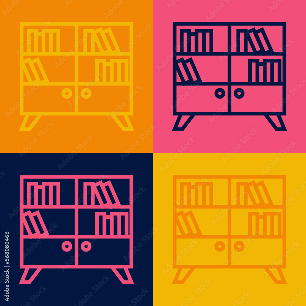 Poster pop art line library bookshelf icon isolated on color background. vector