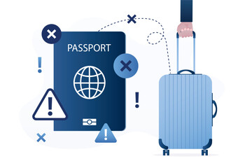 Restrictions for citizens of some countries, low global passport power rank. Falsification of id cards. Denied or wrong passport, citizenship. Tourist holds luggage, document for travel.