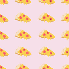 Seamless pattern with a slice of pizza. Cute design. Fast food concept. Background for cafe, fast food restaurant, for the design of the menu. Hand drawn vector illustration