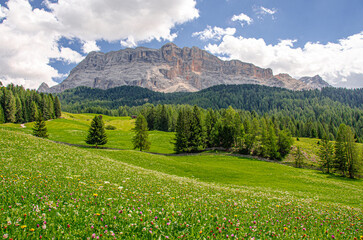 East face of Sasso di Santa Croce mountain range in eastern Dolomites, overlooking Badia valley, the vertical wall of 900 meters & Mount Cavallo, seen from Roda de Armentara , South Tyrol, Italy