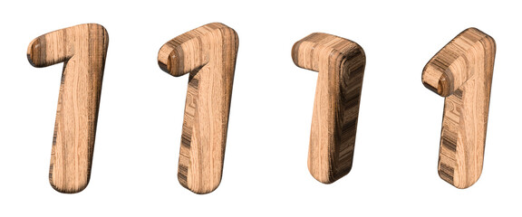 Set of wooden numbers 1 from different angles on a white background. 3d rendered digit one with brown wood texture. 3d illustration. 3d rendering