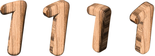 Set of wooden numbers 1 from different angles on a white background. 3d rendered digit one with brown wood texture. 3d illustration. 3d rendering