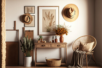 A sophisticated living room features a beige bohemian décor with a mock up poster frame, exquisite furnishings, dried flowers in a vase, a wooden console, and a hanging rattan hut. Template