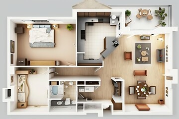 Apartment floor plan top view isolated on white - generative AI - obrazy, fototapety, plakaty