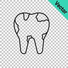 Black line Broken tooth icon isolated on transparent background. Dental problem icon. Dental care symbol. Vector