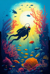 Obraz na płótnie Canvas A diver swims underwater surrounded by exotic fish and corals. AI generated.