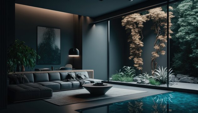 grey matte modern minimalist living room interior, pool, and empty mock up place in the wall. 3D rendering. Generative Ai
