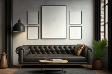 White isolated Frames composition mockup in modern room with big 
 sofa, lamp and table - Generative AI