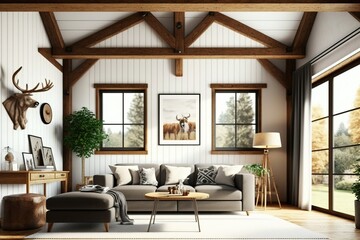 cozy warm home interior of a chic country chalet with a huge panoramic window overlooking the winter forest. open plan, wood decoration, warm colors and a family hearth. Generative AI