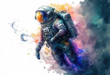 A painting of an astronaut in space with iridescent nebulae, drawn with bright watercolor splashes 