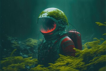 An astronaut on a planet with mysterious green forests. The spacesuit is overgrown with moss 