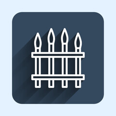 White line Classic iron fence with metal pillars icon isolated with long shadow background. Ancient wrought iron fence. Blue square button. Vector