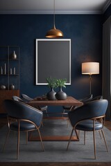 Modern dining room with chairs at table in elegant apartment interior with navy blue walls. painting copy space - generative AI