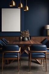 Modern dining room with chairs at table in elegant apartment interior with navy blue walls. painting copy space - generative AI