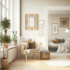 Cozy armchair near the window with many pillows standing in living room interior - Generative AI