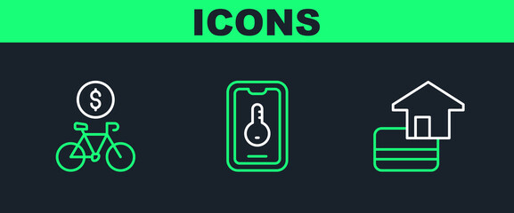 Set line Credit card, Bicycle rental mobile app and Online real estate icon. Vector