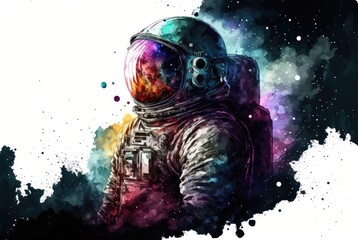 A drawing of an astronaut in space with rainbow nebulae drawn in multicolored watercolor splashes